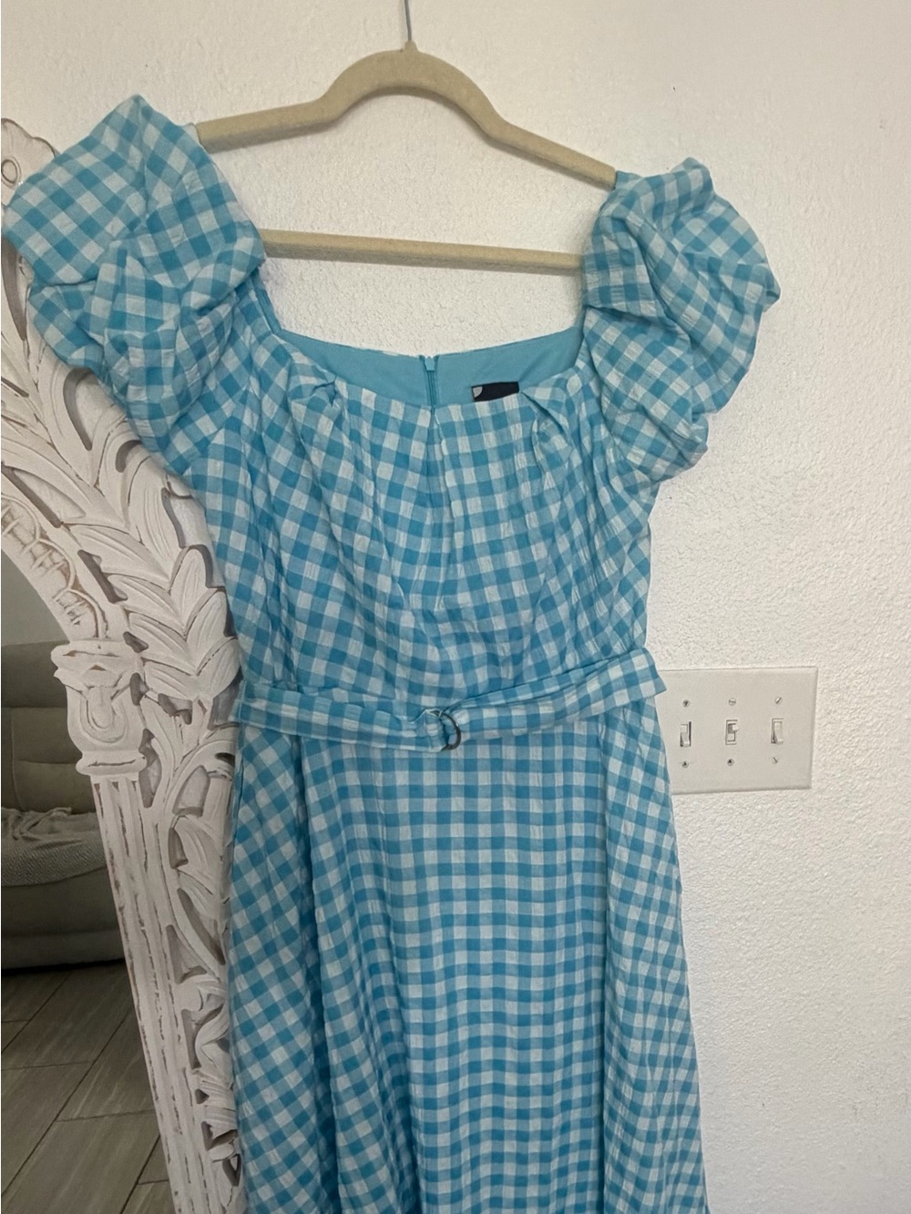 Maison Tara Light Blue Gingham Puff-Sleeve Dress with Belt